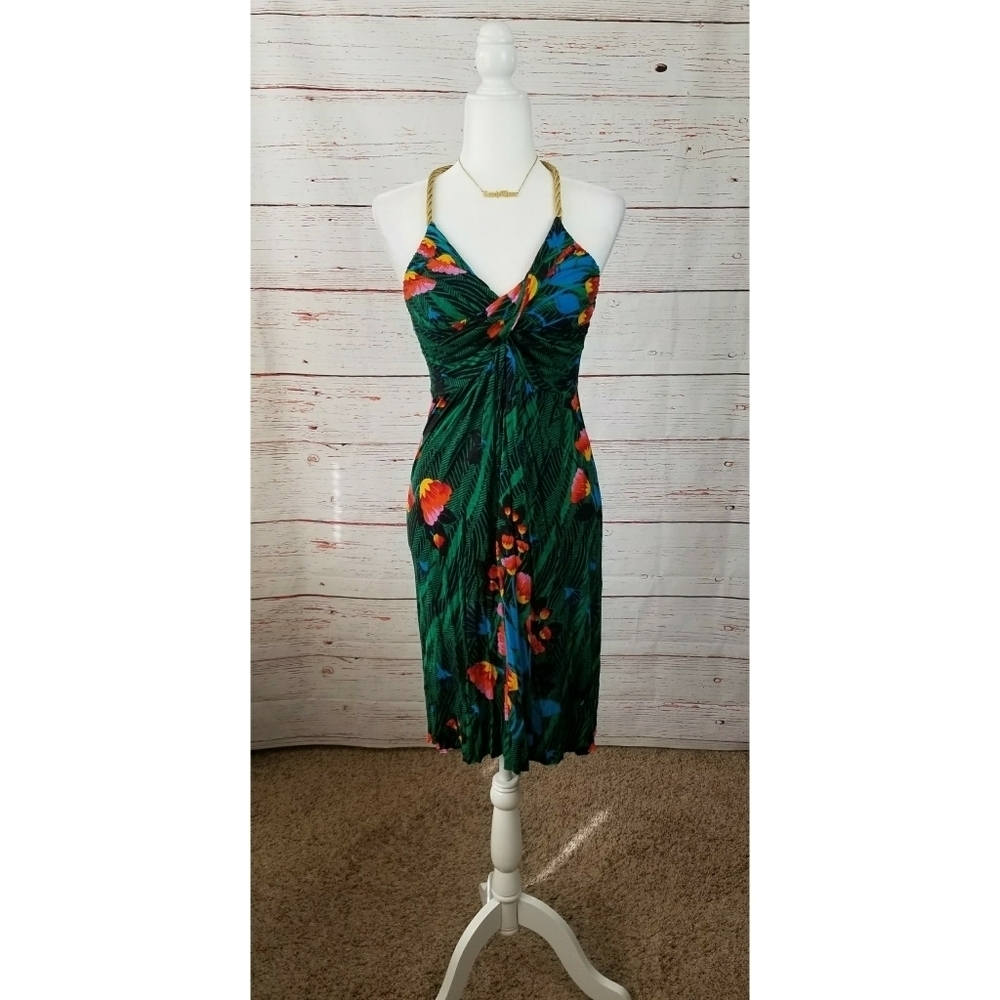 T-BAGS LA // tropical hawaiian print super soft gold rope halter mini dress